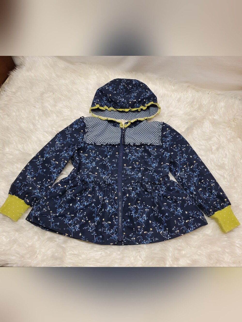 Girls' Navy Floral Hooded Jacket with Lime Accents